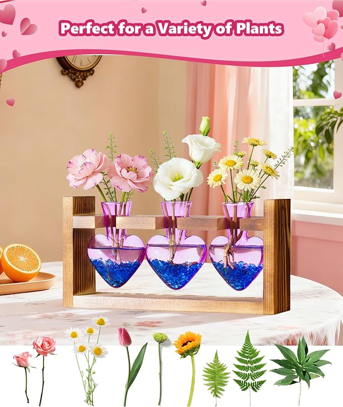 Nacome Plant Terrarium Propagation Stations: Mothers Day Gifts for Mom Plant Lovers Women Wife Daughter - 3 Bulb Glass Vase with Wooden Stand Tabletop for Hydroponics Home Garden Decor(Purple)