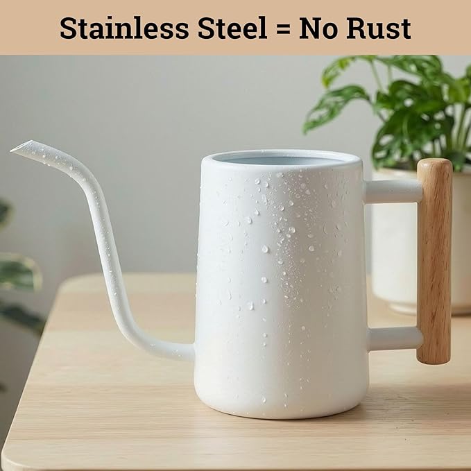 35 oz Metal Small Indoor Watering Can with Long Spout & Real Wood Handle for House Plants, Succulents, Cacti & Seedlings - White Long Spout Watering Can Indoor Plants - Stylish, Gentle Flow, No Spills