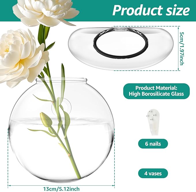Wall Vases, Wall Hanging Planter Propagation Station, Glass Walls Vase for Flower Propagating Hydroponics Plants, Home Office Decor Present (4 Pcs)