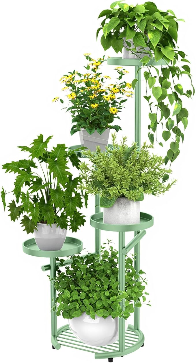 TOSKING 5 Tier Metal Plant Stand Indoor，Anti-Tip Round Base for Pots, Child & Pet Friendly,Plant Shelf, Corner Shelf Flower Pot Stand for Outdoor Plant Stand for Living Room Balcony Garden Patio Bedroom (Green, 42in)