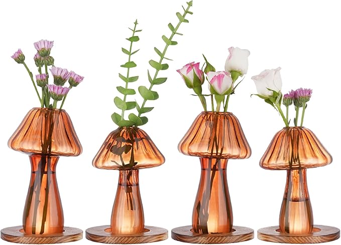 NiHome Mushroom Glass Planter with Wooden Base Set of 4, Cute Indoor Greenery Plant Propagation Stations,High Borosilicate Glass Mushroom Gifts Vases for Flowers,Hydroponics & Home Decor (Brown)