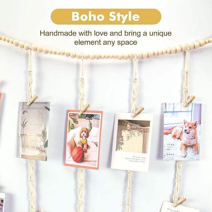 KLOGTSIND Macrame Hanging Photo Display Boho Wall Decor, Picture Christmas Card Holder with String Lights, Photo Hanger with 50 Clips for Room, Dorm, Nursery, Home Decor, Teenage Teen Girl Gifts