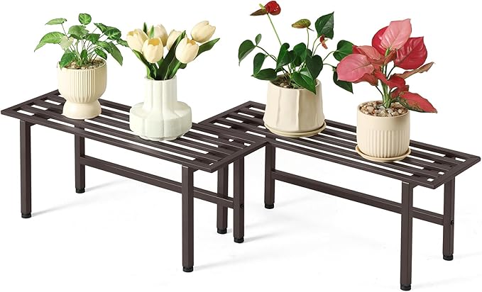 Dipion 2 Pack Metal Plant Stand Outdoor Plant Shelf Indoor,1 Tier Heavy Duty Plant Stands for Multiple Plants,26" L x 10.12" H x 8.75" W,Coffee