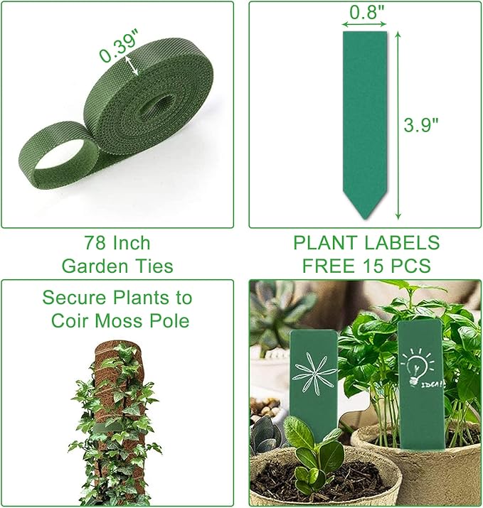 GROWNEER 42 Inch Moss Pole for Plants, 4 Pcs 15 Inch Stackable Coir Totem Support, Moss Sticks with 15pcs Labels and 78in Garden Ties, Monstera and Snake Plants Stake for Climbing Indoor