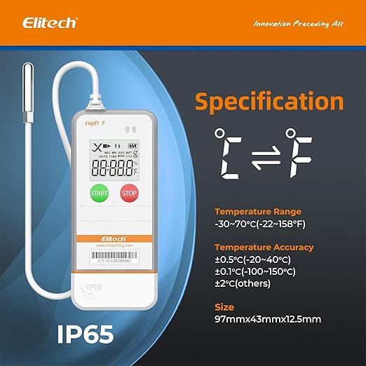 Elitech USB Digital Data Logger with Temperature Humidity External Probe Reusable Recorder with Shadow Data 32000 Points, Auto PDF/CSV Report, for Windows/MacOS, Refrigerator Thermometer LogEt5THE