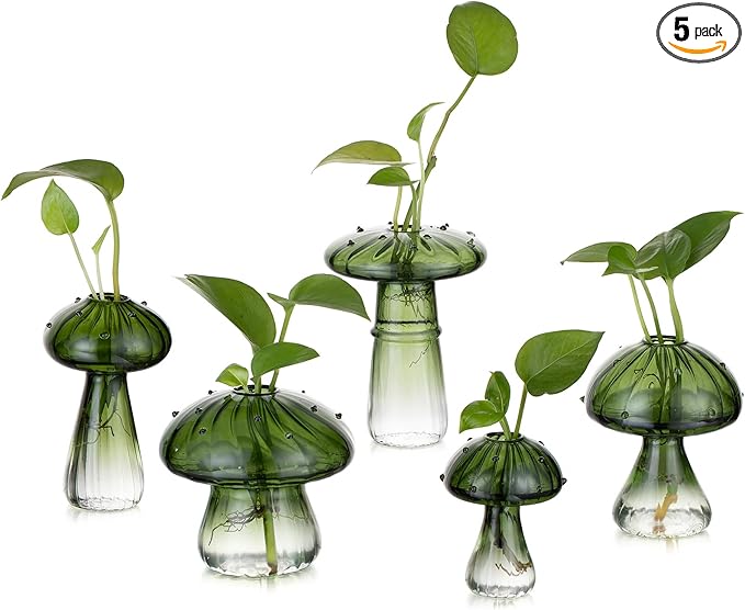 Glasseam Mushroom Plant Propagation Stations: Green Glass Terrarium Jar Set of 5 Cute Planters for Indoor Plants Mini Propagate Station Unique Christmas Birthday Gifts for Women Home Office Decor