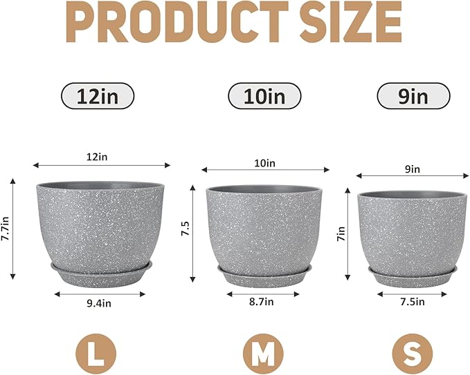 YNNICO Plant Pots 12/10/9 inch Set of 3, Flower Pots with Multi Mesh Drainage Holes, Large Planters for Indoor Outdoor Garden Plants and Flowers. (Gray)