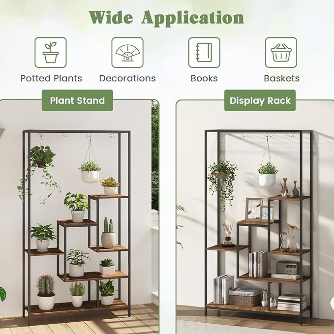 6-Tier Plant Stand Indoor, 70.9" Tall Plant Stand with 10 S Hanging Hooks, Metal Plant Shelf Corner Plant Stands for Indoor Plants, Garden, Balcony, Living Room (Brown)