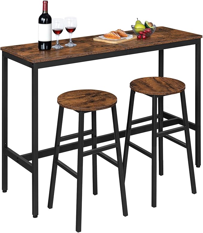 MAHANCRIS Bar Stools, Set of 2 Round Bar Chairs with Footrest, 28 Inch Kitchen Breakfast Bar Chairs, Industrial Bar Stools, Easy Assembly, for Dining Room, Kitchen, Rustic Brown BAHR02701 (Pack of 3)