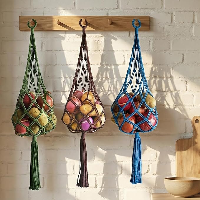 2-Pack Boho Macrame Hanging storage Bag, handmade vegetable basket hanging in the kitchen, handmade Net Storage Holder in Kitchen for Fruit/Vegetable/Patato/Tamato/Wine hanger Length:38" (Brown)