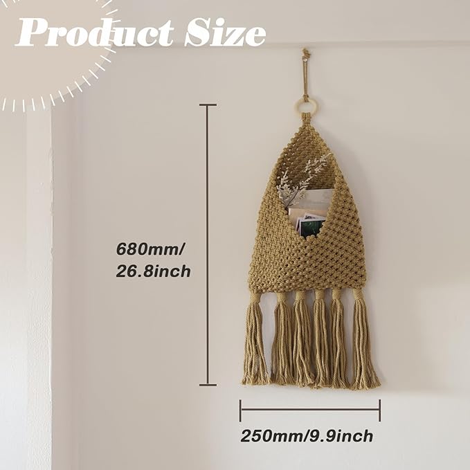 Macrame Mail Organizer Wall Mounted, Hanging Woven Basket for Boho Home Office Decor, Over the Door Key and Mail Letter Envelope Holder for Entryway Hallway, Olive Green