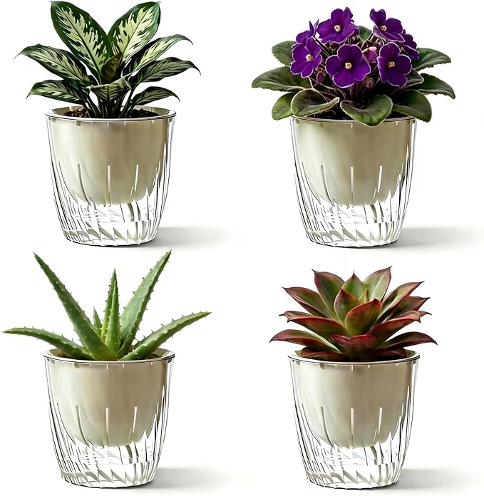 4 Pack 4 Inch Self Watering Pots for Indoor Plants, Self Watering Planter with Reservoir and Wick Rope, Clear Flower Plant Pots for African Violets,Succulents,Herbs,Cactus,Orchids