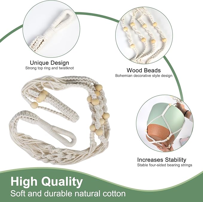 Vanslogreen 41.5 Inch Macrame Plant Hanger Indoor Outdoor with 12 Inch Flower Pot, Hanging Planter for Plants Holder with Wood Beads for Boho Home Decor (Ivory+Green)