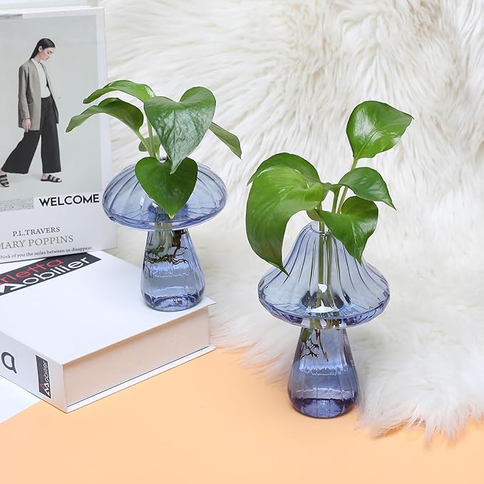 Mushroom Glass Vase Propagation Stations Flower Vases Home Decor Mushroom Planter Cute Vases Garden Decoration Set of 2