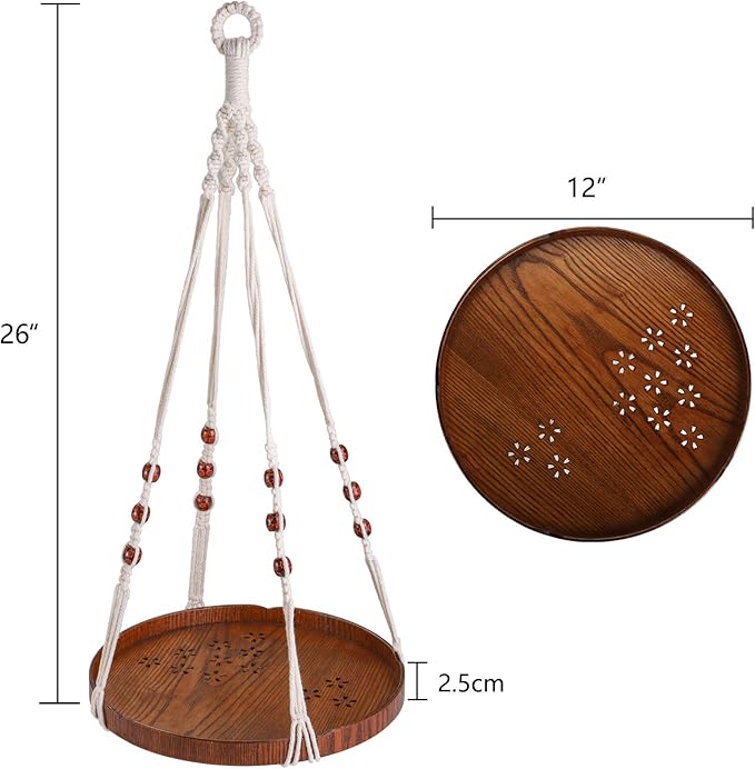 Hedume Macrame Plant Hanger with 2 Pack Ceiling Hooks, Indoor Outdoor Hanging Plant Holder with Large Tray for Succulents, Cacti, Small Plants, Boho Bohemian Home Decor with Wood Beads