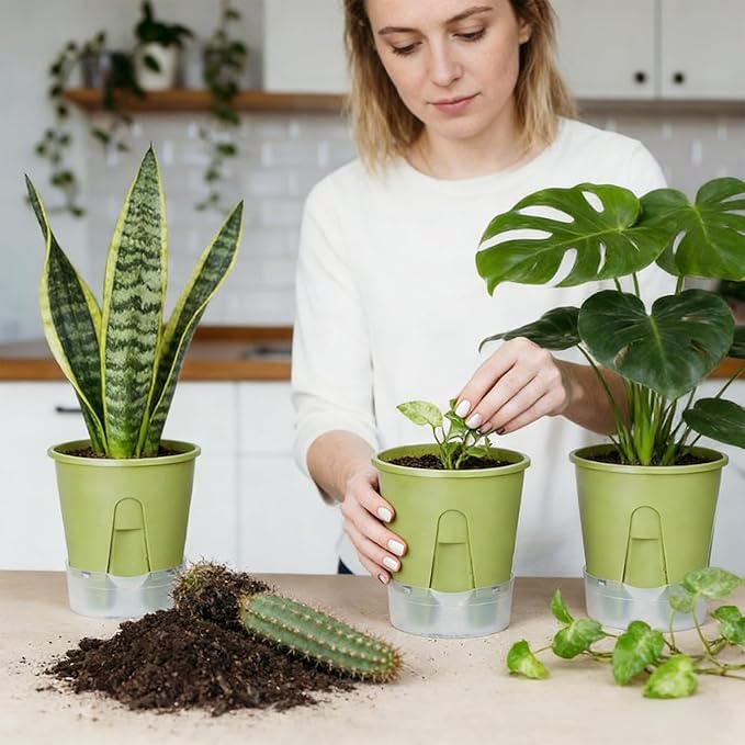 Plant Pots 6 inch Set of 5, Self Watering Pots for Indoor Outdoor, Upgraded Water Inlet Self Watering Planters Flower Pots with Drainage Hole and Clear Saucer Reservoir (Green)