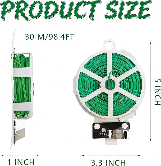 Plant Ties 98 Feet Green Garden Twist Ties with Built-in Cutter Plant Garden Twine Wire for Gardening Climbing Plants Support Indoor Outdoor Office Home Cable Organization Rustproof Flexible Reusable