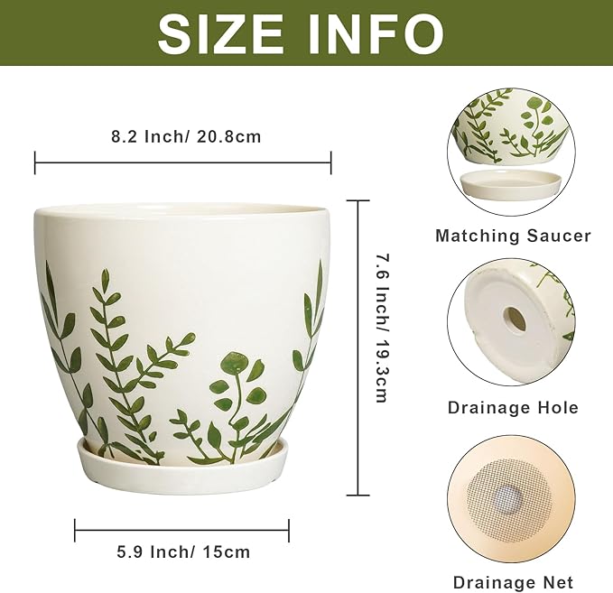 MPotTo Ceramic Pot for Plants 8.2 Inch - Indoor Plant Pot with Drainage Hole and Saucer, Decorative Boho Round Outdoor Planter, Gardening Gifts for Women Men, Room Patio Office Home Decor, White