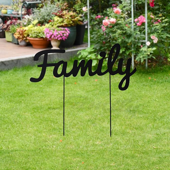 Metal Letters Garden Stakes Yard Art Word Sign Lawn Decoration Indoor Outdoor Plant Pot Decor Decorative Stick for Patio Pathway Flower Bed (family)