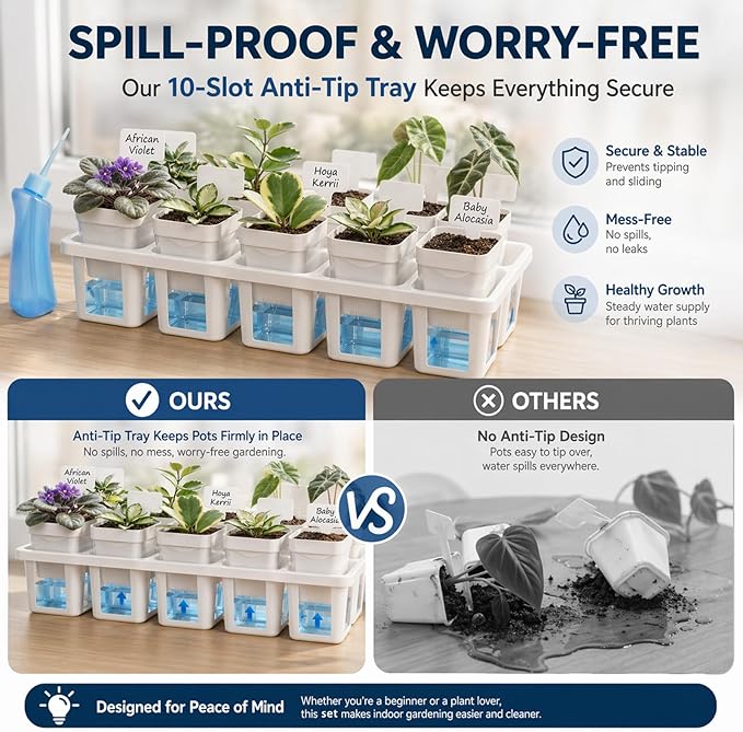 10 Pack 2.5" Self Watering Pots for Indoor Plants with Anti-Tip Tray & Reservoir Refill Bottle, Seed Starter Kit for Seedlings, Cuttings, Succulents, Herbs, 10 Plant Labels