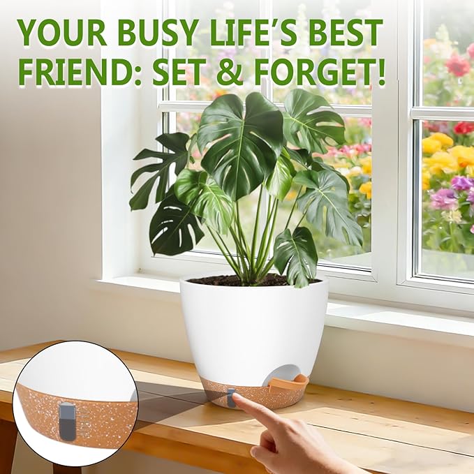 QRRICA Plant Pots 8/7/6.5/6/5.5/5 Inch Self Watering Pots, with Drainage Holes and Saucers,Water Level Indicator & Deep Reservoir,Large Plastic Planter for Indoor Out Door Plants (White)