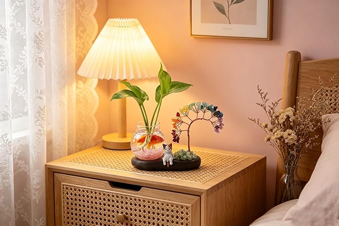 Plant Propagation Station, Chakra Crystal Tree Hydroponic Glass Container Vase Jars with Cute Cat Figurine, Home Office Desks Aesthetic Decorations, Gift for Women Plant Lovers and Cat Lover