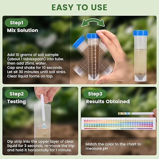 Soil pH Test Kit: 150 pH Test Strips with Cylinder for Quick Readings | Easy Testing for Garden & Lawn | Includes Illustrated Guide
