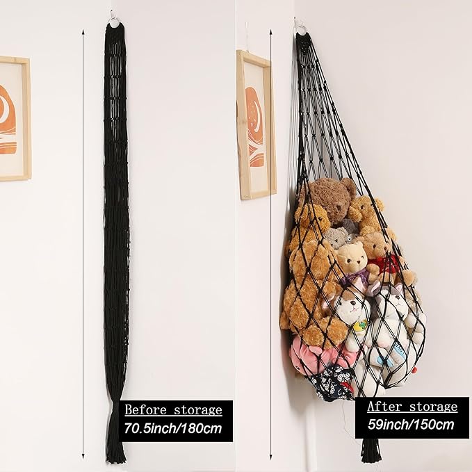 Amdermi Stuffed Animal Hammock Corner Hanging Net for Stuffy Animal Storage Macrame Toy Display Plushie Toy Holder-Perfect for The Tiny Space Walls, Kid Bedroom Decor Playroom Organizer (Black XL)