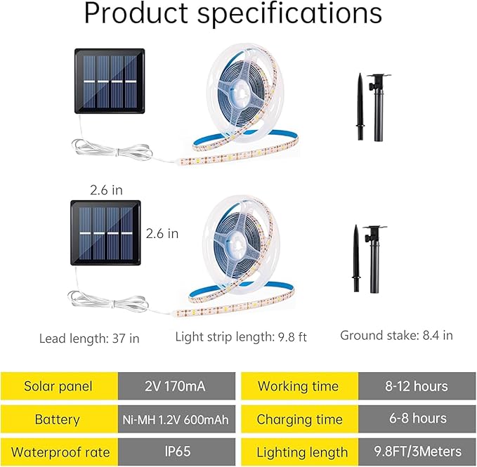 Solar Rope Lights Outdoor Waterproof 10FT Cuttable Solar Strip Light Dusk to Dawn with 8 Modes Tape Decorative Lighting for Outside,Sign, Stair, Step, Yard, 2 Pack
