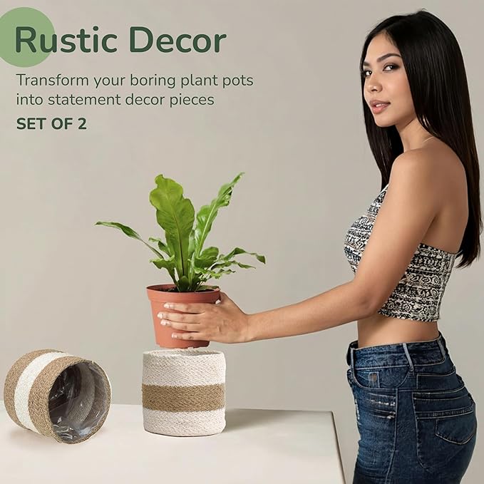 Jute Planter Basket -Sustainable Woven Rope Covers for Decorating Indoor/Outdoor Plants Pots 6.5x6.5x6 Inches Ideal Size for 6" Planter-Multi-Purpose Storage Set of 2 White & Natural Jute