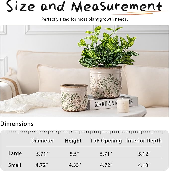 SURE YUESI Set of 2 Ceramic Planters 4.7” & 5.7”, Vintage Indoor Plant Pots Without Drainage Hole, Pastoral Rustic Decorative Planters for Flowers & Home Decor