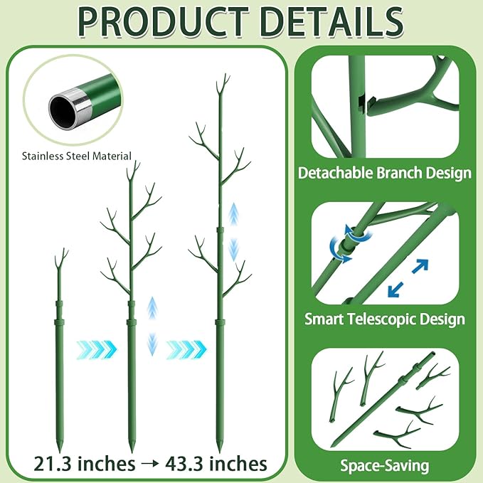 Telescoping Monstera Plant Support Stakes,17IN to 43IN Detachable Branch Plant Sticks Support Tall for Indoor Outdoor Climbing Plants,Adjustable Length Plant Accessories for Potted Plant-2 Pack