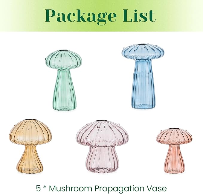 Hewory Glass Mushroom Propagation Stations: Set of 5 Unique Propagation Jars Glass Planter for Indoor Plants Home Decor - Colorful Mushroom Vase Christmas Birthday Gifts for Plant Lovers Women Girls
