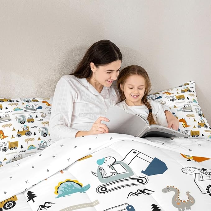 Feelyou Construction Bedding Set King Size Equipment Trucks Comforter Set for Kids Boys Girls Decor Dinosaur Comforter 3D Digital Print Yellow Duvet Set Bedroom Quilt Set
