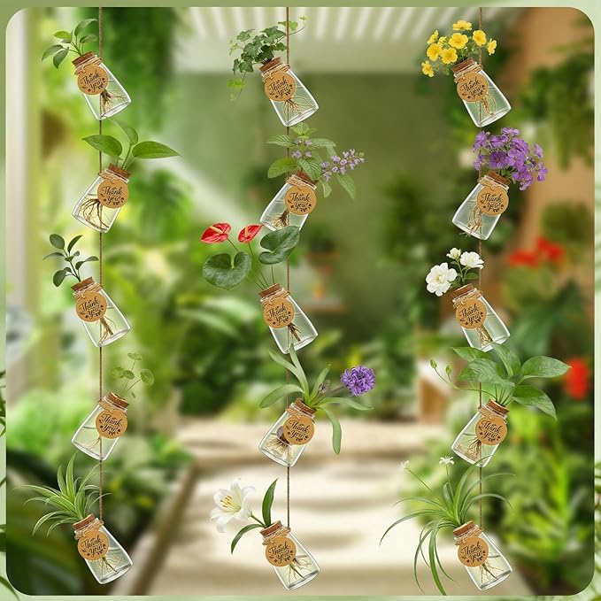 48 Pack Plant Propagation Stations, 3.35'' Plastic Propagation Jars Clear Hydroponic Small Vase Hanging Planter Tube with Cork Lid Tags Hemp Rope for Plant Lovers Women Office Home Decor Garden Gifts
