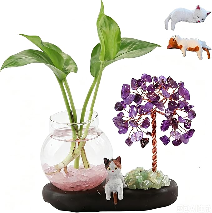 Plant Propagation Station, Amethyst Tree Hydroponic Glass Container Vase Jars with Cute Cat Figurine, Home Office Desks Aesthetic Decorations, Gift for Women Plant Lovers and Cat Lover