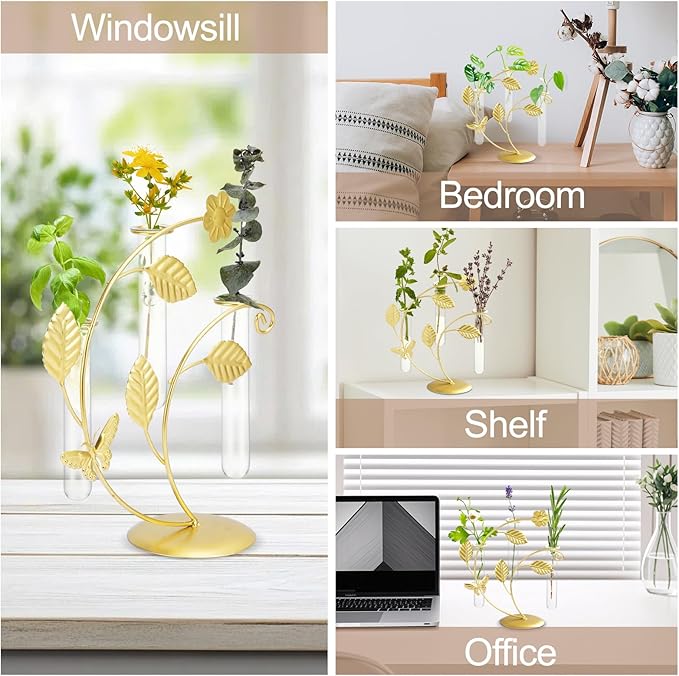 Desktop Glass Plant Propagation Station Stand with 3 Test Tubes, Gold Metal & Glass Propagation Vase with Butterfly and Plants Pattern, Hydroponic Terrarium Planter Office Home Indoor Decor