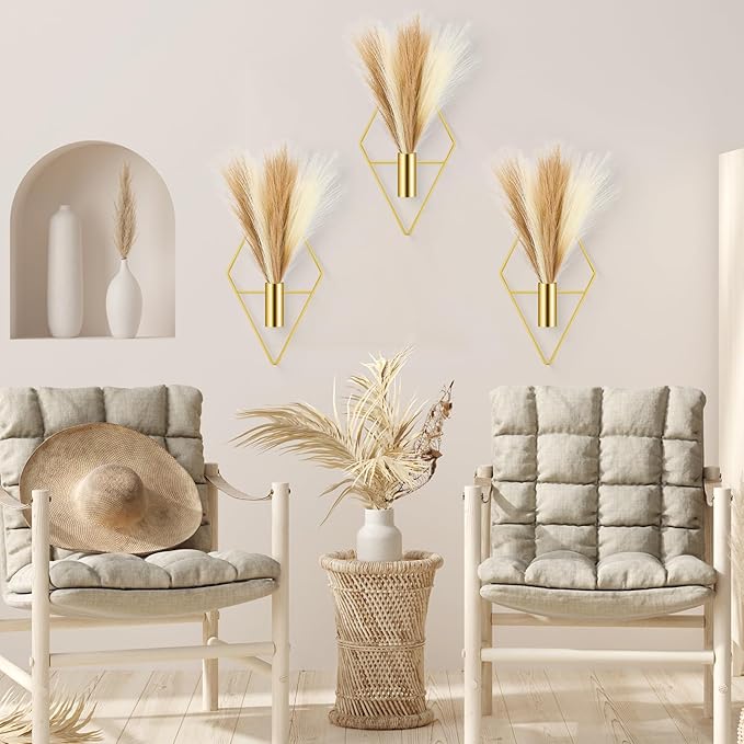Hanaive 4 Sets Boho Gold Wall Decor Metal Wall Art Hanging Planters with Artificial Pampas Display Art Modern Home Metal Vase for Bedroom Living Room Home Office(Gold, Beige, Dark Coffee)