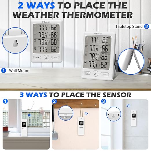 Geevon Indoor Outdoor Thermometer Wireless with 3 Remote Sensors, Temperature Humidity Monitor for Home with Comfort Indicator, Temp Alarm, Digital Hygrometer Thermometer Battery Powered