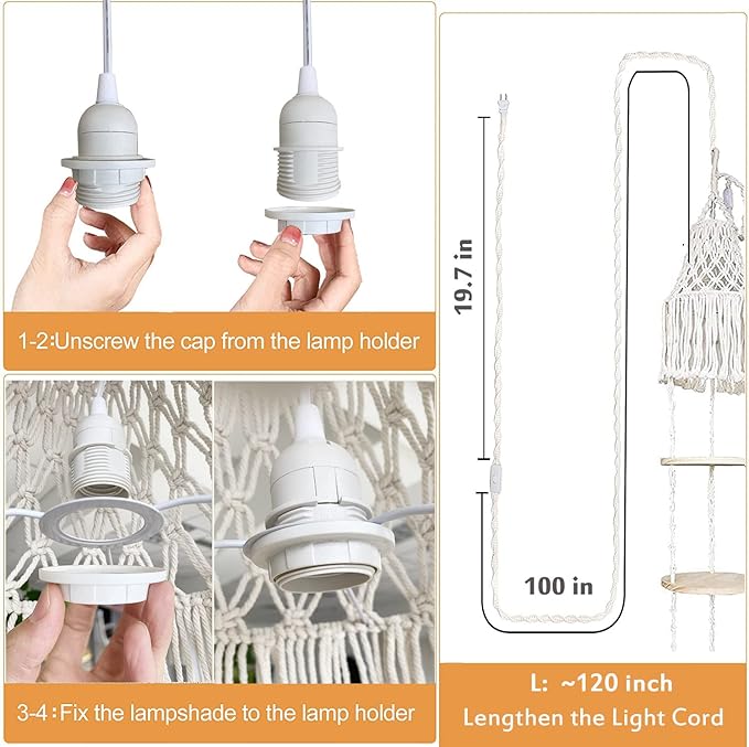 YKBU Macrame Plant Hanger Shelf Hanging Rope Shelf Indoor with Boho Lamp Shade 3 Tier Floating Round Shelves Decorative Shelf Flower Pot Holder Planter Display Rack Boho Home Decor-1 Set