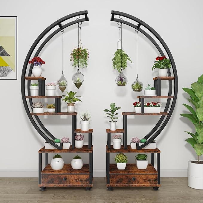 2 Pcs 6 Tier Tall Metal Indoor Plant Stand with Detachable Wheels,Half-Moon-Shaped Plant Shelf Holder with Drawer,Multi-Purpose Plant Stands for Home Decor,Balcony,Patio,Garden,Rustic Brown