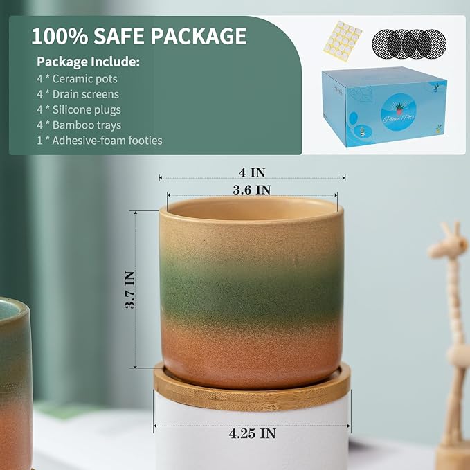 TAMAYKIM 4 Inch Cylinder Ceramic Plant Pots with Drainage Hole and Saucers, Small Glazed Gradient Colors Flower Pot with Trays for Indoor Planter, Succulent, Cactus and Herbs, Set of 4
