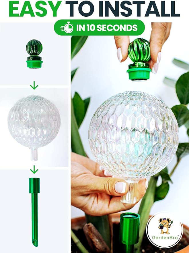 16 Oz Plant Watering Globes for Indoor Plants with Metal Self Watering Planter Insert - Premium XL Glass Hand-Blown Globe - Automatic Plant Waterer Indoor, Gift Idea for Gardeners [1 Globe, Textured]