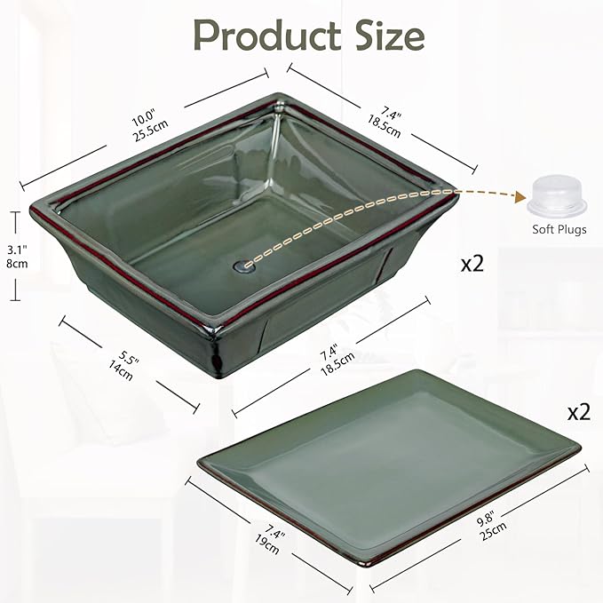 Large Ceramic Bonsai Pots with Drainage Trays Set of 2, 10" Green Glazed Bonsai Planters for Indoor/Outdoor Use, Rectangular Shallow Bonzai Tree Pot for Succulent, Orchids, Cacti, Home, Patio, Garden,