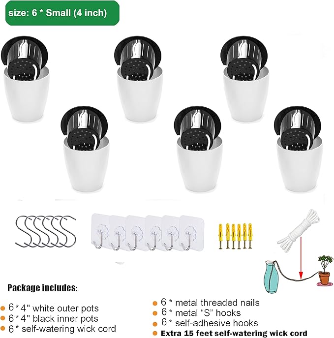 4 Inch Self Watering Hanging Planters, Wall Mounted Plant Pots with Complete Accessories, Automatic Watering Flower Pots for Indoor Outdoor Garden, Succulents, Herbs, Home Décor, Set of 6