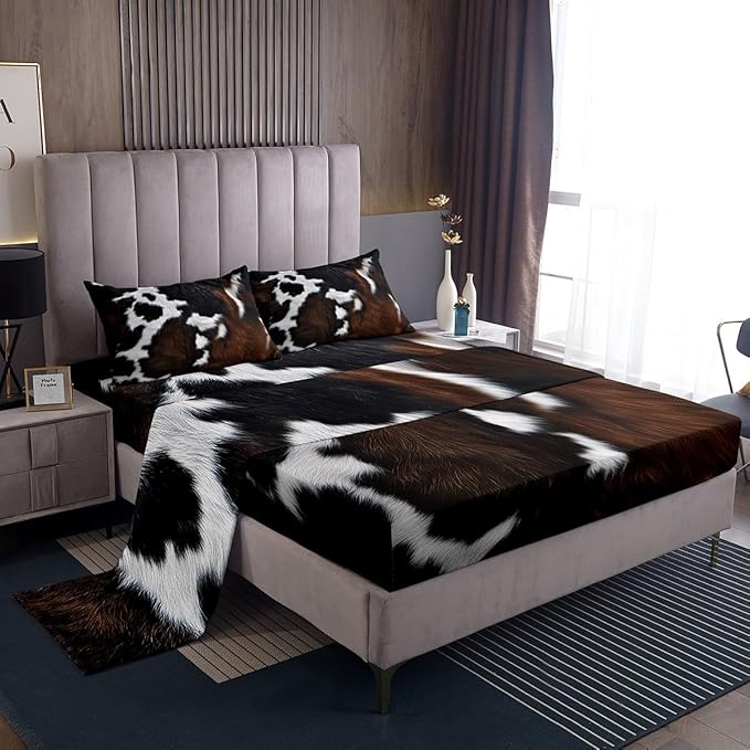 Feelyou Cow Fur Bed Sheets Kids Cowhide Leather Hair Sheet Set Women Men Microfiber Soft Rustic Cow Skin Decor Bedding Set Brown Farmhouse Bed Sheet Set Full Size Bed Set 4Pcs