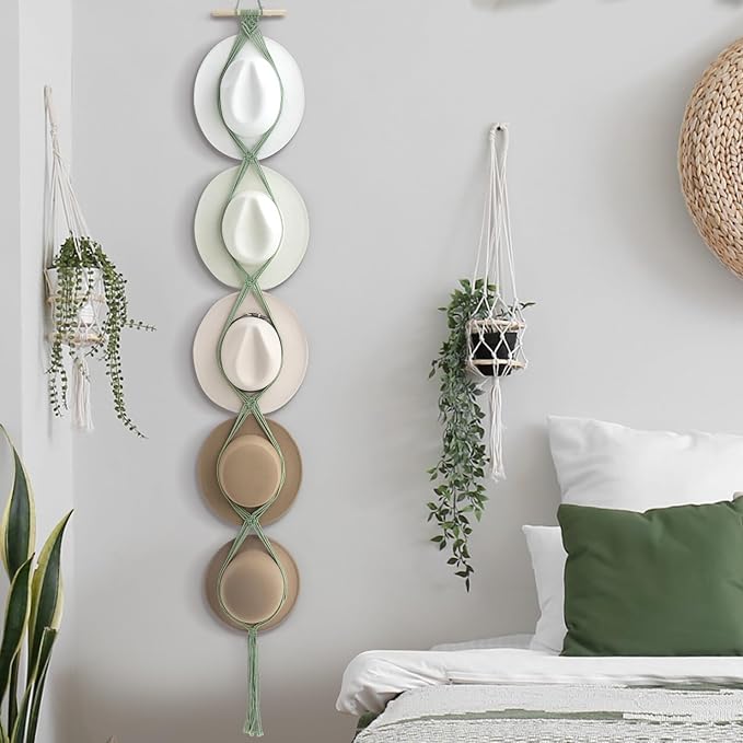 Yulejo Macrame Hat Hangers Boho Hat Rack Cowboy Hat Hanger Back of Door Hat Organizer (Sage Green,Five Hats Style)