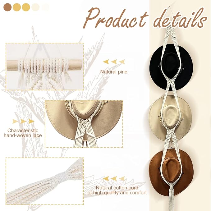 Gute Macrame Hat Hangers, Boho Hats Rack for for Wall Hanging, Black White Woven Women Hat Holder Organizer for Wide Brim and Fedoras Sun Hat Cowboy Hat Display(White,6 Hat Style)