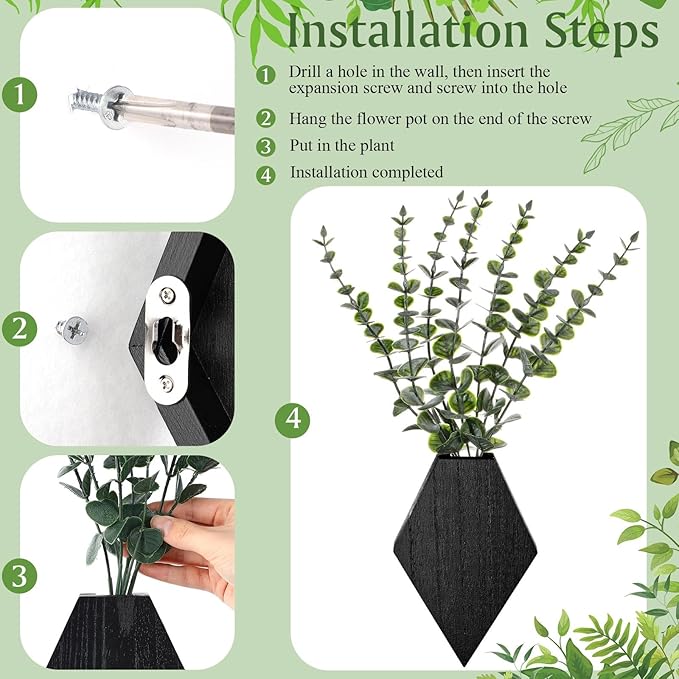 Chunful 2 Pcs Wooden Wall Planter Decor Hanging Fake Plants Greenery Flowers Holder Vase Boxes for Wall Bohemian Farmhouse Room Kitchen Office Indoor Decoration(Black,7.1 x 4.7 x 1.2 Inches)