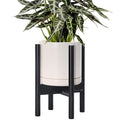 D'vine Dev Ceramic Planter with Ebony Stand - 8 Inch Modern Round Flower Pot with Wood Planter Holder, Oatmeal, 55-B-M-8